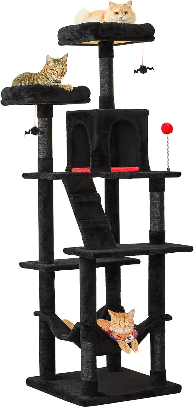 MWPO Gothic Large Cat Tree, 70.1-Inch Multi-Level Tall Cat Tower for Indoor Cats, Plush Cat Condo with Big Padded Perches, Sisal-Covered Scratching Posts, Hammock, Toys for Kittens &amp; Cats, Black