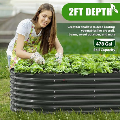 A ANLEOLIFE 8X4X2 ft Galvanized Raised Garden Beds Outdoor, Oval Large Metal Deep Root Planter Box for Planting Vegetables Flowers Herb, Anti-Rust &amp; Easy-Setup, Quartz Grey