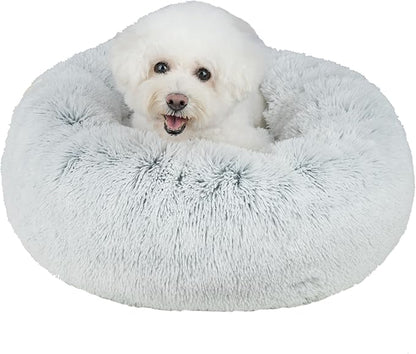 Best Pet Supplies Round Donut Dog Bed with Plush Faux Fur Fabric, Calming, Anti-Anxiety Cushion for Indoor Pets, Slip-Resistant Base, Soft Ergonomic Support - Light Warm Gray, 20x20x6&