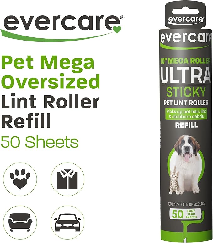 Evercare 10” Mega All-Purpose Pet Hair Lint Roller Refill, 50 Sheets – Sticky Roller for Pet Hair, Cat &amp; Dog Hair Remover, Lint Remover, Pet Hair Remover for Furniture, Clothing &amp; Cars