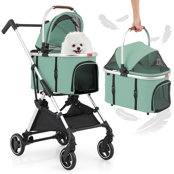 MoNiBloom Pet Stroller for Small/Medium Dogs w/Detachable Carrier &amp; Lightweight Aluminum Frame, Folding Jogging Travel Stroller, Mint Green