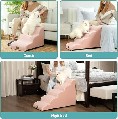 Dog Stairs for Small Dogs 19.7" H, Curved Dog Step for Puppy, Older or Cat, Medium Pet Ramp for Sofa, Couch or Bed, Ladder with High Density Foam, 15.7x28.3x19.7 inch, 4 Step, Pink