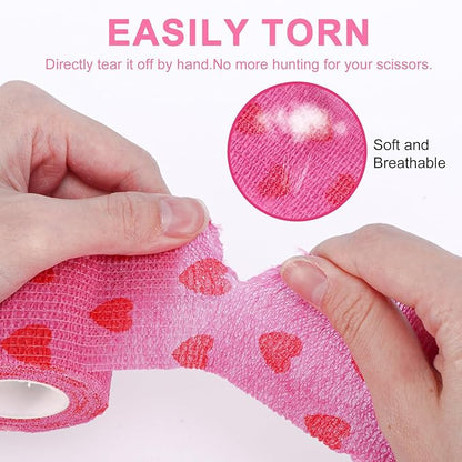 24 Pack Self Adhesive Vet Wrap &amp; Medical Tape, 2 Inch x 5 Yards Cohesive Bandage Wrap - Pink Heart Grip Tape for Ankle, Wrist Sprains, Sports, Pet First Aid