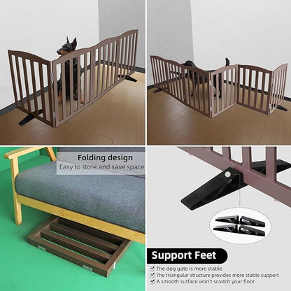 ZJSF Foldable Freestanding Indoor Dog Gate for House Wood Long Pet Gates Dog Fence for Stairs Puppy Gates for Hallways, Puppy Gate,Support Feet Included, Brown, 32 "Height-4 Panels