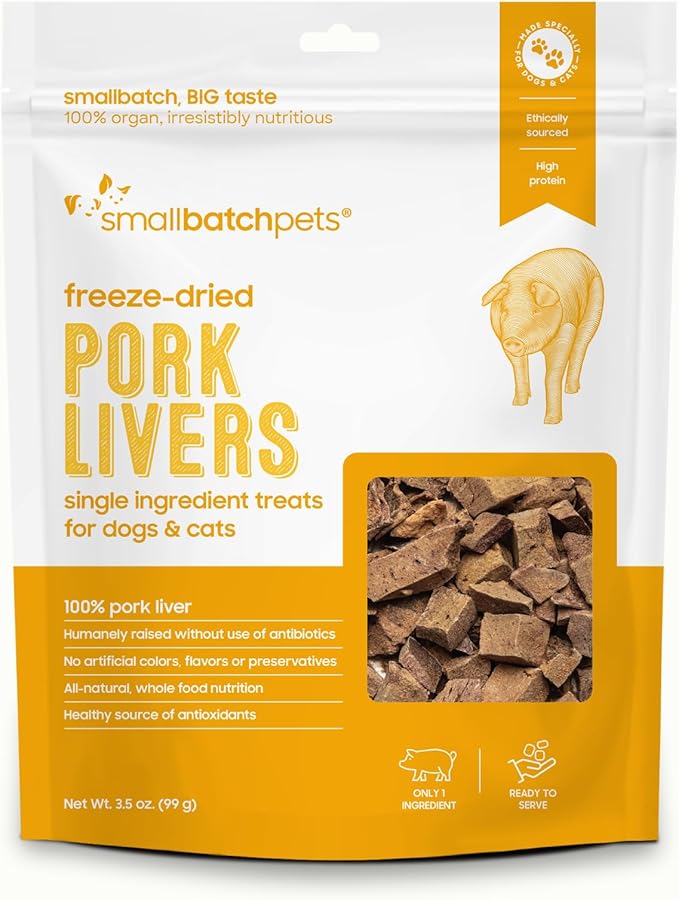 smallbatch Freeze Dried Dog Treats, Pork Liver Treats for Dogs &amp; Cats, High Protein, Single Ingredient Dog Treat for Training or Food Topper, Natural, Humanely Sourced Meat, Made in The USA, 3 oz