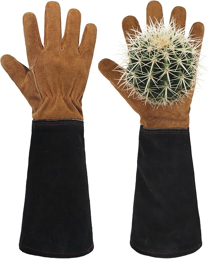 HANDLANDY Leather Gardening Gloves for Men &amp; Women, Rose Pruning Thorn Proof Garden Glove, Long Sleeve Gauntlet Gloves (Black-brown, Medium (Pack of 1))