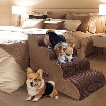 PAWSCART Dog Stairs for Small Dogs and Cats, 4-Step Dog Steps for Bed, 19.6" H Pet Stairs for High Bed, Pet Ramp for Couch, Sofa, Non-Slip Surface Removable Washable Cover, Brown