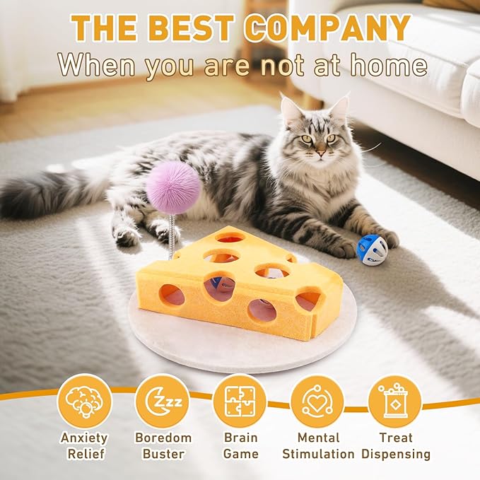 Interactive Cat Puzzle Toy for Indoor Cats &amp; Kittens - Fun Track Balls &amp; Spring Teaser in Stimulating Felt Puzzle Box (Yellow) - Mental Enrichment Game