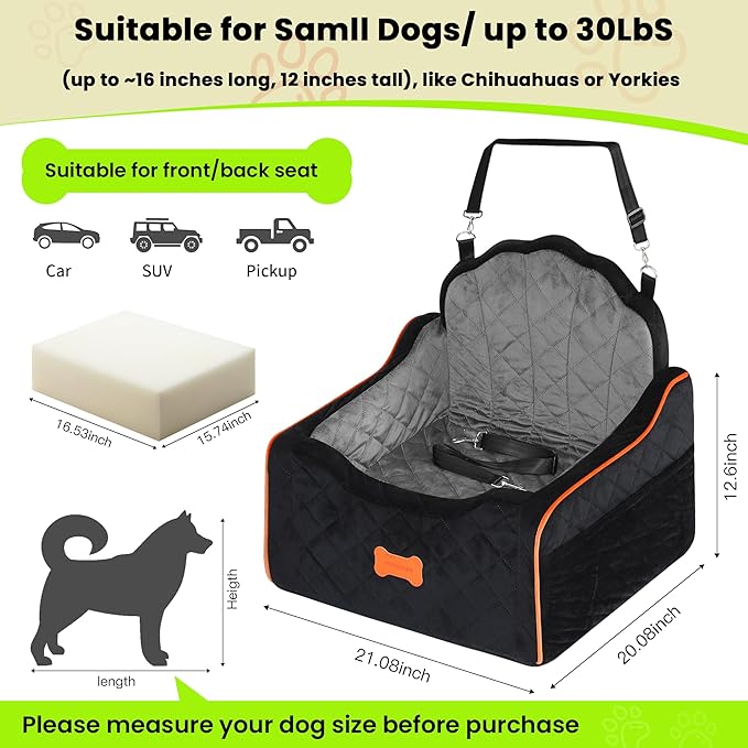 Dog Car Seat for Small Dogs Under 30lbs, Detachable Washable Pet Booster Seat with Safety Belt &amp; Storage Pockets, Travel Car Bed, Black/Grey