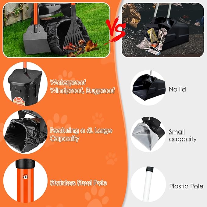 Lukovee Dog Pooper Scooper, 37.4" Long Adjustable Metal Handle Swivel Bin &amp; Rake &amp; Spade Kit with 20 Poop Bags, Portable Dog Non-Breakable Poop Scooper for Gravel Yard Lawn Grass, Orange