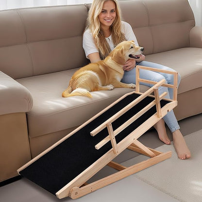 Dog Ramp, 5 Level Adjustable Height Folding Pet Ramp for High Bed, Portable Paw Ramps Large Bed Ramp for Medium &amp; Large Old Dogs &amp; Cats - Natural Wood Furniture Quality