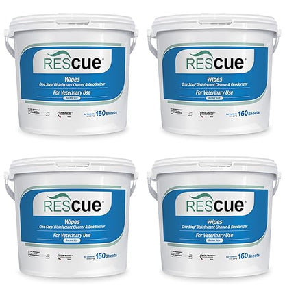 REScue One-Step Disinfectant Cleaner &amp; Deodorizer Wipes for Vet Use – Cleaner for Kennels, Litter Boxes, Vet Offices, Pet Grooming Surfaces – Extra Large, 160-Count Wipes Bucket (4 Pack)
