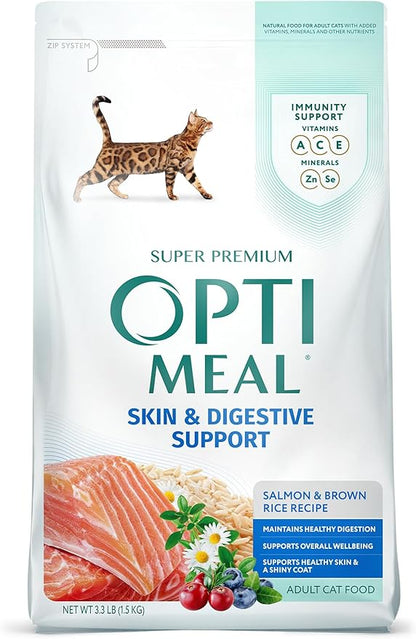 Optimeal Sensitive Stomach Dry Cat Food Recipe for Skin &amp; Digestive Support, Premium Nutrition Made with Natural Ingredients for Adult Cats, Healthy Digestion (3.3 lbs, Salmon &amp; Brown Rice)