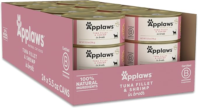 Applaws Natural Wet Cat Food in Broth, Limited Ingredient Canned Wet Cat Food, No Additives, Made with Natural Ingredients, Tuna Fillet &amp; Shrimp in Broth (6 x 5.5oz Cans)