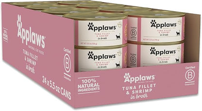 Applaws Natural Wet Cat Food in Broth, Limited Ingredient Canned Wet Cat Food, No Additives, Made with Natural Ingredients, Tuna Fillet &amp; Shrimp in Broth (6 x 5.5oz Cans)