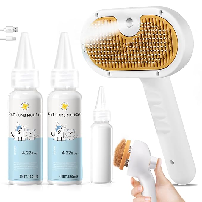 Cat Steam Brush, Pet Steam Brush for Cat &amp; Dog, Mist Spray Comb, Spritz Defur Tool, Water Grooming Kit, Dog Hair Removal Steam Cleaner with Release Button-Contains 2*shampoo