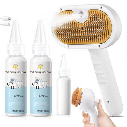 Cat Steam Brush, Pet Steam Brush for Cat &amp; Dog, Mist Spray Comb, Spritz Defur Tool, Water Grooming Kit, Dog Hair Removal Steam Cleaner with Release Button-Contains 2*shampoo