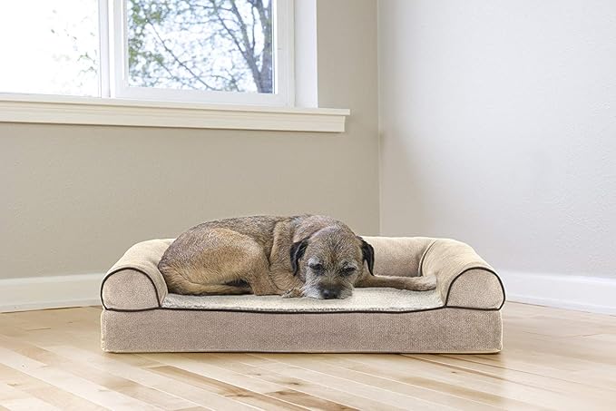 Furhaven Cooling Gel Dog Bed for Medium/Small Dogs w/ Removable Bolsters &amp; Washable Cover, For Dogs Up to 35 lbs - Sherpa &amp; Chenille Sofa - Cream, Medium