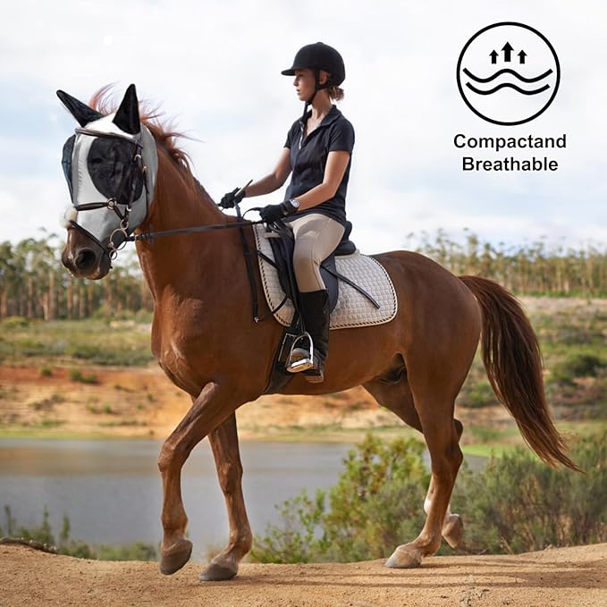 Horse Fly Mask with Ears, Comfortable Fit Stretch Fabric with UV Protection Soft on Skin Breathability for Small/Medium Size Horses (Gray)