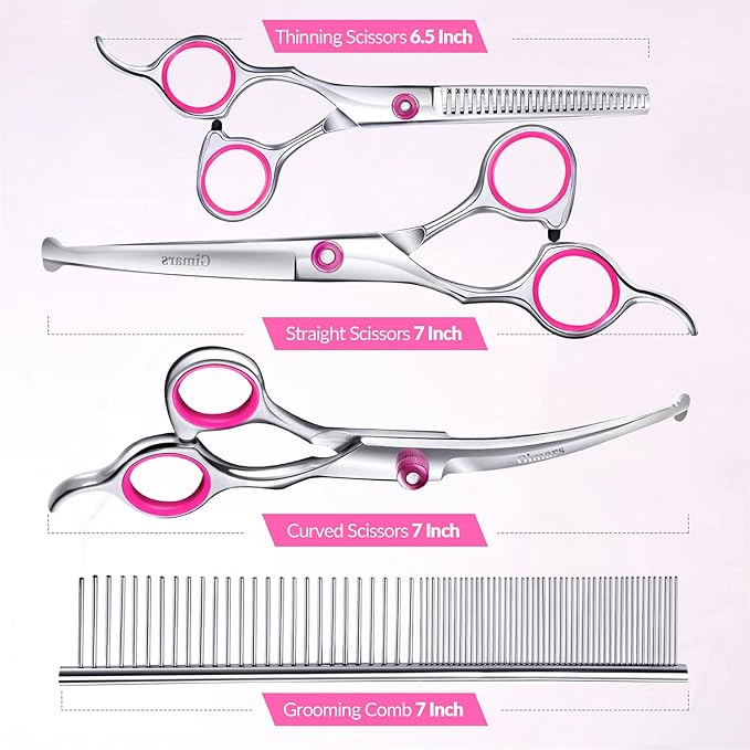 Gimars Dog Grooming Scissors Kit Professional 4CR with Safety Round Tip, 5 in 1 Heavy Duty Titanium Coated Thinning &amp; Curved &amp; Straight Shears