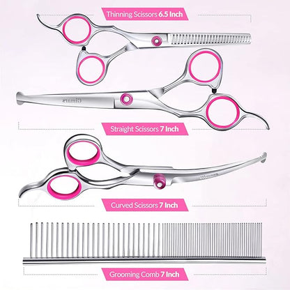 Gimars Dog Grooming Scissors Kit Professional 4CR with Safety Round Tip, 5 in 1 Heavy Duty Titanium Coated Thinning &amp; Curved &amp; Straight Shears