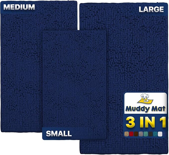 Muddy Mat® Pack of 3 Highly Absorbent Microfiber Dog Door Mat and Pet Rug, Non Slip Thick Washable Area Mat Soft Chenille for Kitchen Bathroom Bedroom and Outdoor - Navy Blue Small, Medium &amp; Large