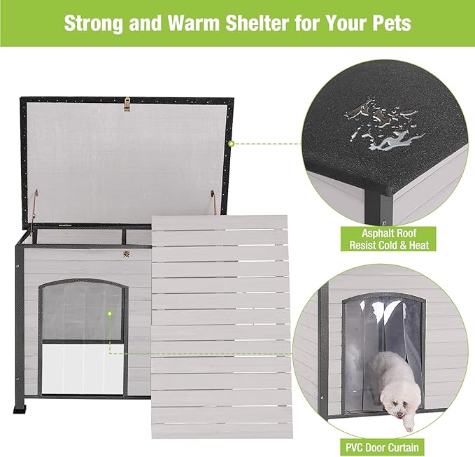 GUTINNEEN Chew Proof Dog House with Metal Iron Frame Outdoor Dog Kennel for Small Medium Large Indoor Dog Cage (43.3" L,Off-White Color)