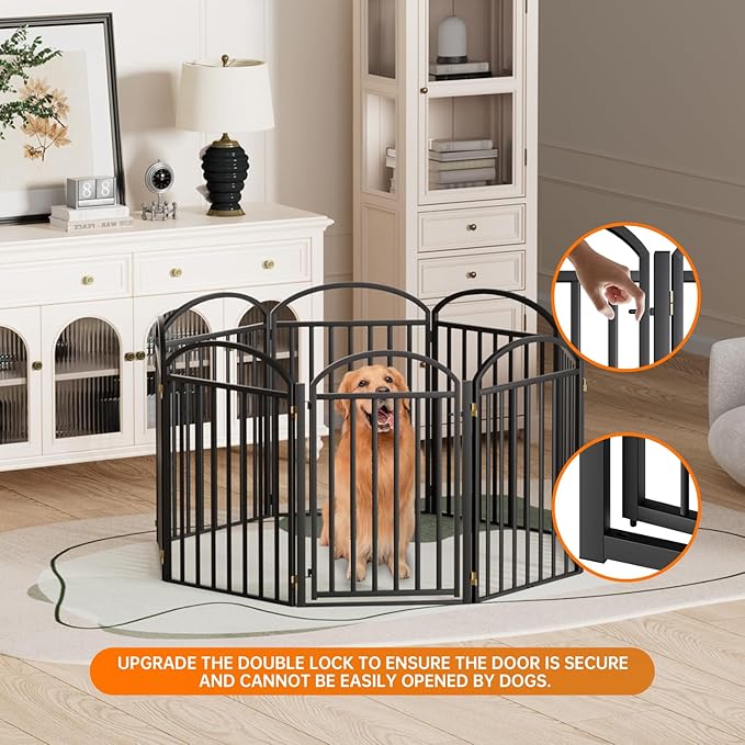 8 Panles Full Matel Freestanding Dog Gates with Door, 192"Extra Wide 32"Tall Free Standing Dog Pet Gate for Indoor &amp; Outdoor. Foldable Pet Fences for Doorways, House, Stairs, Porch, Deck, Yard