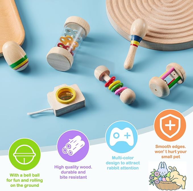 6 Pcs Wooden Bunny Toys - Safe Rabbit &amp; Guinea Pigs Teeth Grinding Toys for Chinchillas, Hamsters &amp; Small Animals - Indoor &amp; Outdoor