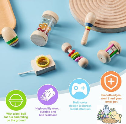 6 Pcs Wooden Bunny Toys - Safe Rabbit &amp; Guinea Pigs Teeth Grinding Toys for Chinchillas, Hamsters &amp; Small Animals - Indoor &amp; Outdoor