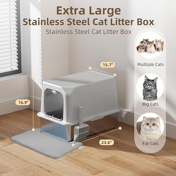 Stainless Steel Cat Litter Box with Lid, Extra Large, Great for Large &amp; Small Cats, Easy to Clean, Anti-Leakage, Non-Sticky, Multifunctional 2 in-1 Metal Cat Litter Box - Light Gray