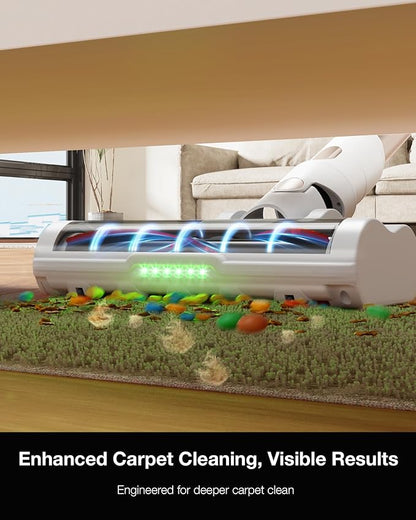 Cordless Stick Vacuum Cleaner for Home, Lightweight Rechargeable Vacuum with 55min Runtime, Powerful Suction, Green LED Headlight, 9-in-1 Pet Hair Carpet &amp; Hardwood Floor Cleaner