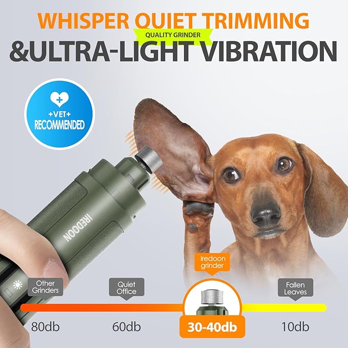 Dog Nail Grinder Upgraded - Professional 3-Speed Super Quiet and Low Vibration Electric Pet Nail Grinder with 4 LED Lights - Painless Paws Grooming &amp; Smoothing for Small to Large Dogs (Green)