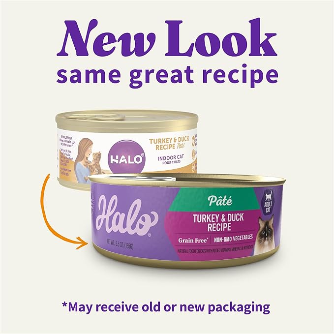 Halo Wet Cat Food Turkey &amp; Duck Recipe, Grain Free Wet Cat Pate, Canned Cat Food for Extra Hydration, 5.5 Oz Can (Pack of 12)