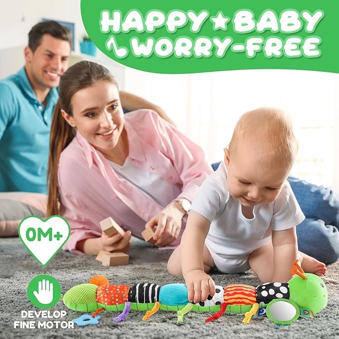 Baby Toys 0-6-12 Months,Musical Caterpillar Stuffed Animals Activity Infant Toys with Crinkle,Rattles,Mirror&amp;Pull String,Muti-Sensory Toys Gifts for Newborn Tummy Time,Green,Knot prolegs