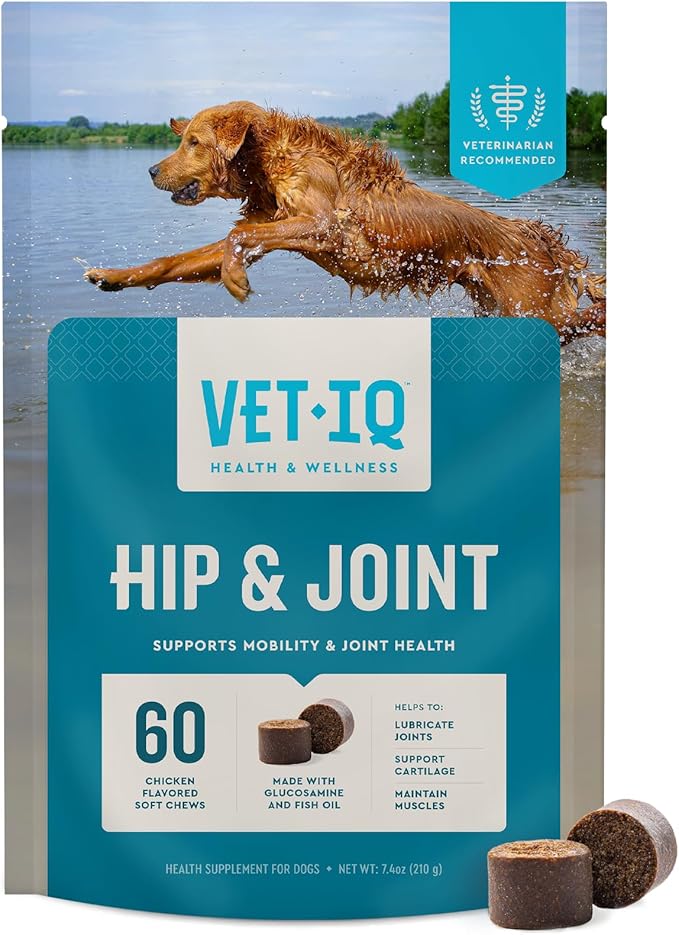 VetIQ Hip &amp; Joint Supplement for Dogs, Anti Inflammatory Joint Support, Glucosamine, MSM, and Krill, Chicken Flavored Soft Chews, 60 Count