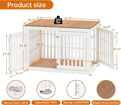 48" Heavy Duty Dog Crate Furniture for Small,Medium and Large Dogs,Rustic Wooden Dog Cage Kennel Indoor Furniture with Waterproof Top,Decorative Pet House Side End Table (White &amp; Wood)