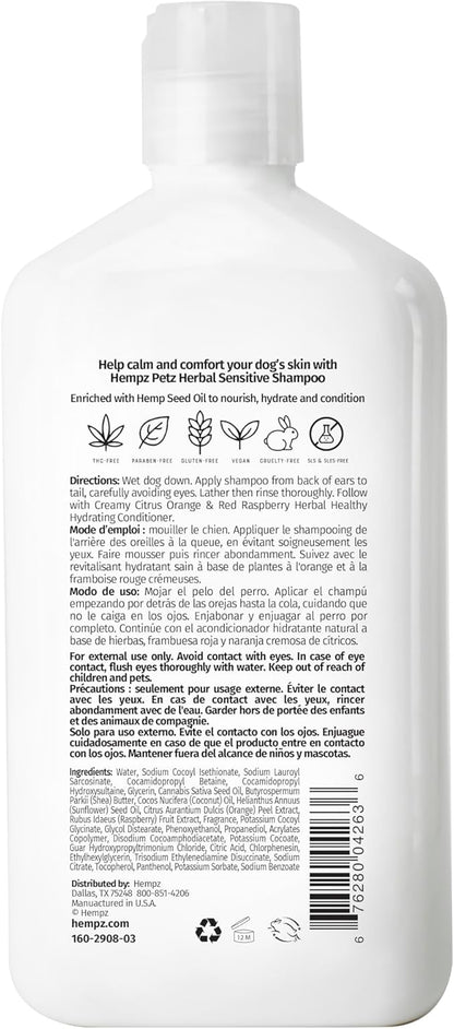Hempz Petz, Sensitive Dog Shampoo, Oatmeal Complex to Soothe, Creamy Citrus Orange &amp; Red Raspberry Herbal Sensitive Shampoo 17 oz.