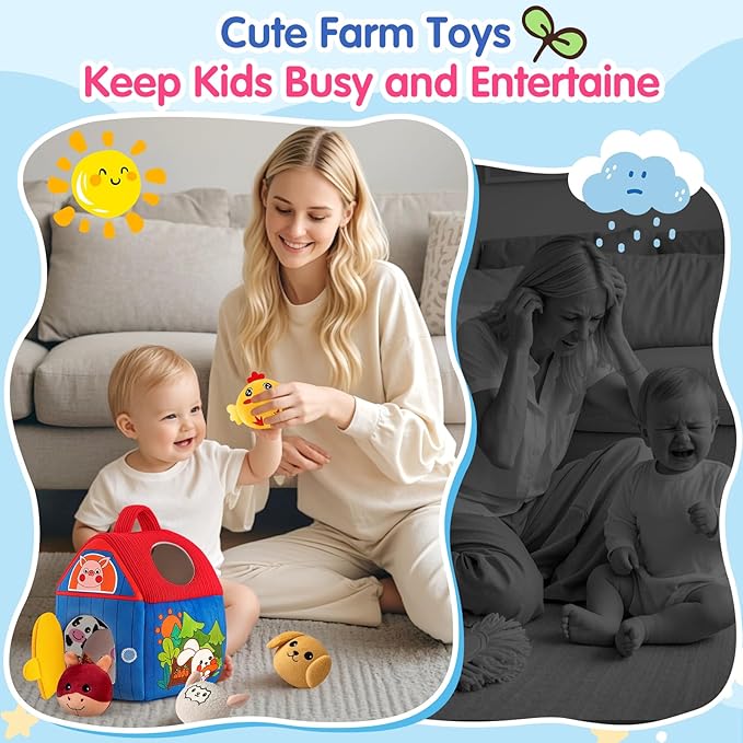 Baby Toys 6-12 Months, Barn with Stuffed Farm Animals, Montessori Toy for Babies, Sensory Toys for Toddlers 1-3, Portable Baby Farmhouse Toy, Birthday Gift for Infants &amp; Toddlers