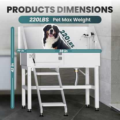 Dog Washing Station for Home, 38" White Professional Stainless Steel Dog Grooming Tub, Height Adjustable Dog Bathing Station, Upgrade Parts, Dog Bath Tubs for Small &amp; Medium Dogs(Left Stair)