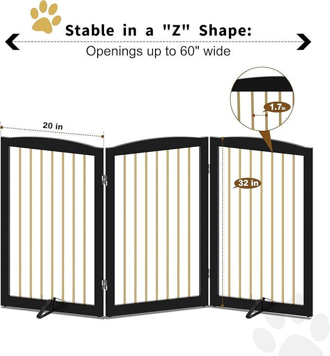 Freestanding Pet Gate for Dogs, Foldable Wooden Dog Gate for House Indoor, Step Over Pet Puppy Safety Fence for Stair, Doorway,Hall, Support Feet Included,3 Panels 32",Black&amp;Gold