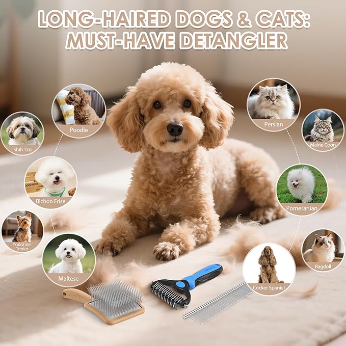 Large Slicker Brush for Dogs - 3PC Pet Grooming Kit - Undercoat Rake &amp; Stainless Comb | Long Pins Remove Mats on Poodles, Golden, Labradoodles | Thick Coat Deshedder for Dogs, Cats, Oak