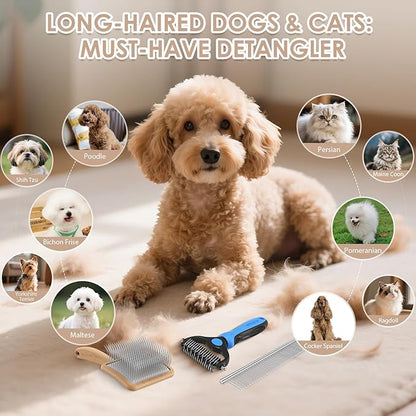 Large Slicker Brush for Dogs - 3PC Pet Grooming Kit - Undercoat Rake &amp; Stainless Comb | Long Pins Remove Mats on Poodles, Golden, Labradoodles | Thick Coat Deshedder for Dogs, Cats, Oak