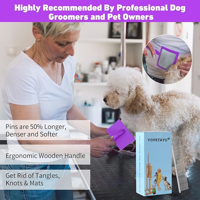 Dog Slicker Brush for Shedding and Grooming Medium or Long Haired Cats, Extra Long &amp; Soft Pin Slicker Brush for Removes Loose Hair, Tangles, Knots, Undercoat, Free Pet Comb, Large Purple