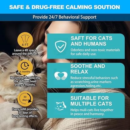Cat Calming Diffuser, Cat Pheromones Calming Diffuser with 2 Diffuser + 4 Refill 48ml, 6-in-1 Cat Anxiety Relief Cat Pheromone Diffuser Kit 120 Days, Pheromone Diffuser to Calm Cats