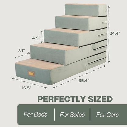 All-in-One Adjustable Dog Stairs – 5-Step Premium Pet Ramp for Small to Large Dogs – Sturdy, Non-Slip &amp; Versatile for Beds, Sofas &amp; More - Soft Cover, Modern Design (Green)