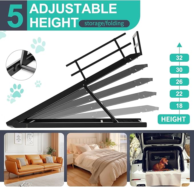 Dog Ramp, 5 Level Adjustable Height Folding Pet Ramp for High Bed, Portable Paw Ramps Large Bed Ramp for Medium &amp; Large Old Dogs &amp; Cats - Natural Wood Furniture Quality