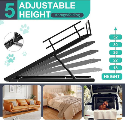 Dog Ramp, 5 Level Adjustable Height Folding Pet Ramp for High Bed, Portable Paw Ramps Large Bed Ramp for Medium &amp; Large Old Dogs &amp; Cats - Natural Wood Furniture Quality