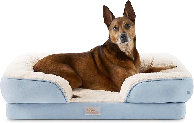 TOWN &amp; COUNTRY EVERYDAY CuddleTown Comfy Solid Bolster Sofa Pet Bed, Supportive &amp; Calming Egg Crate Foam, Non-Slip Bottom, Machine Washable Cover, Blue, Large 35"x25"x8"