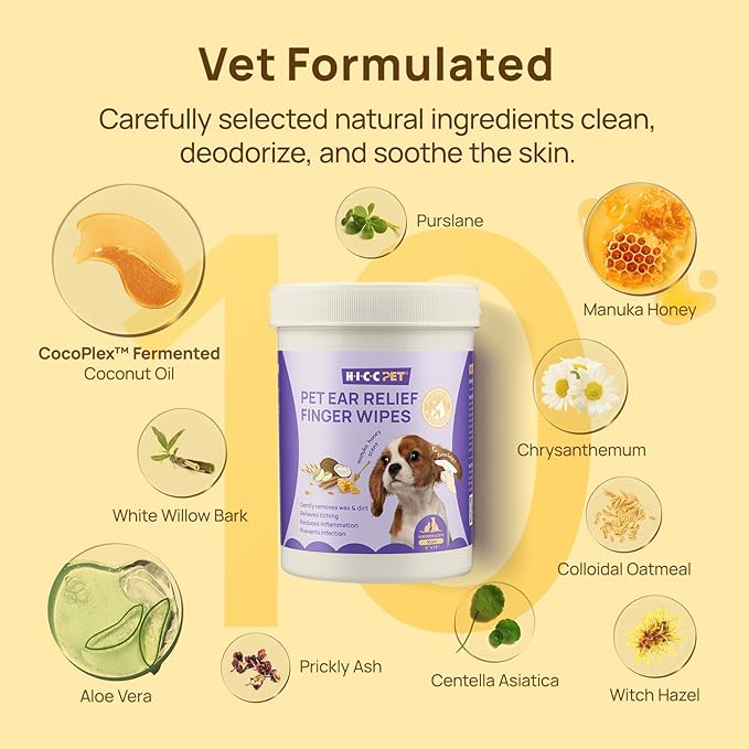 HICC PET Dog Ear Wipes Finger 50 Count Dog Ear Cleaner Wipes for Dogs &amp; Cats, Dog Ear Infection Treatment to Relieve Ear Itching &amp; Inflammation, Remove Ear Wax, Dirt, Smelly - Honey Scent